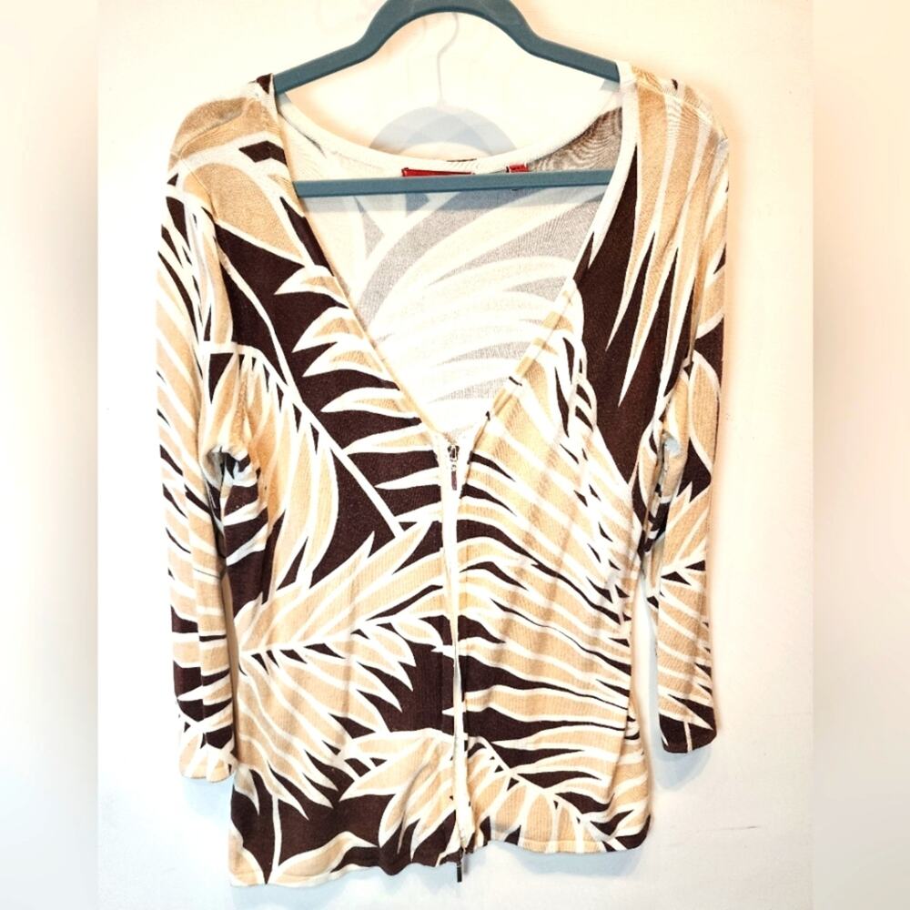 RED V-Neck Cardigan‎ Sweater Top Palm Print Size L